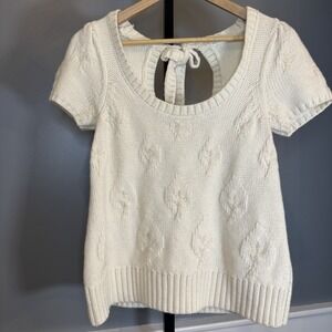 Moth Womens S Top Sweater White Cream Leaves Textured Scoop Neck Tie Back‎